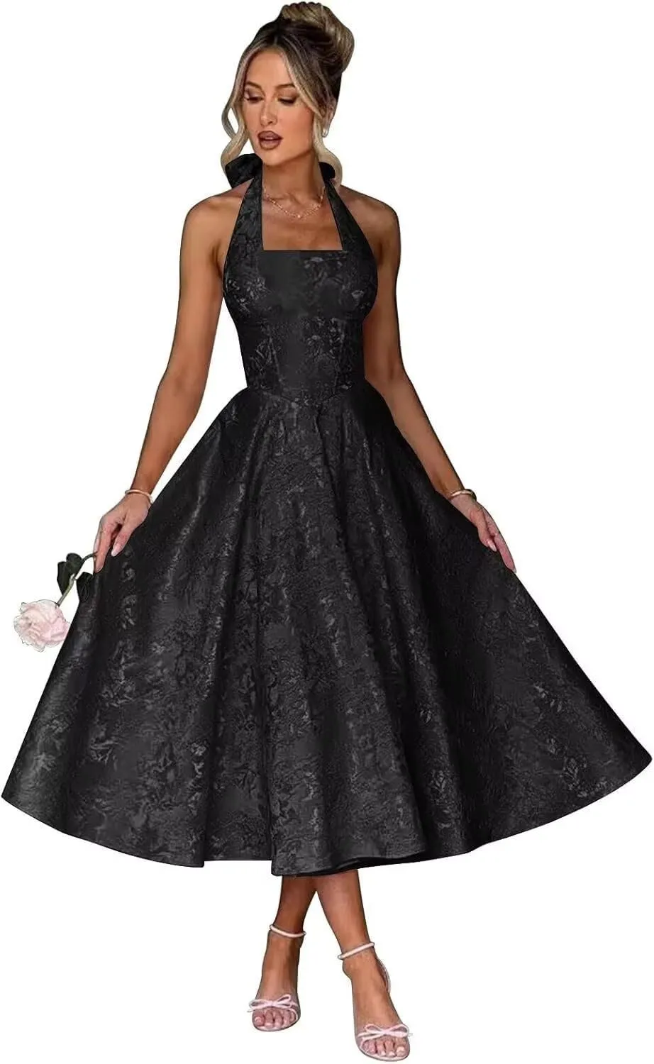 Halter Tea Length Prom Dresses 2025 Jacquard Satin A-Line Formal Evening Party Gowns PU241