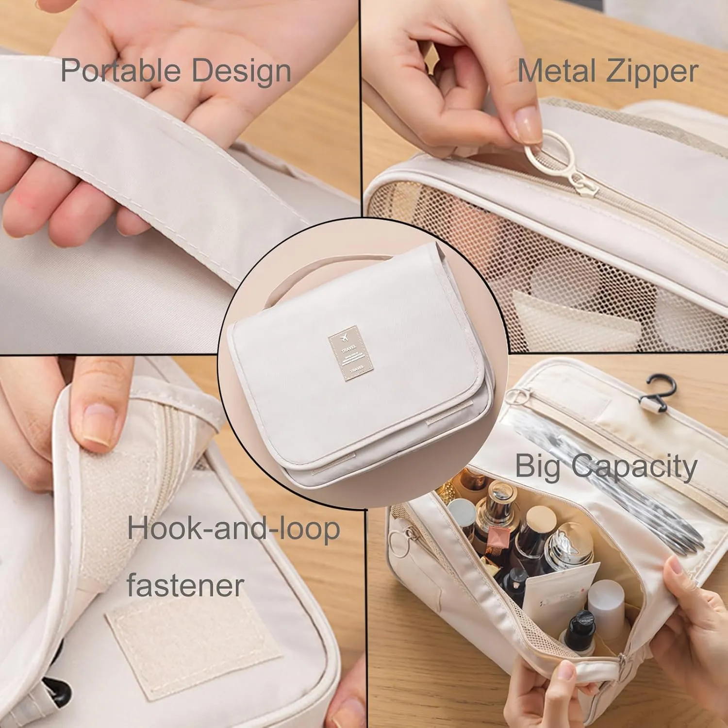 Hanging Toiletry Bag for Women, Travel Size Toiletries bags with Hook, Travel Makeup Bag for Cosmetic Storage Organizer Beige