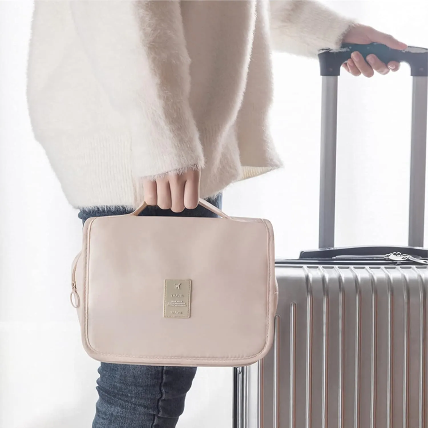 Hanging Toiletry Bag for Women, Travel Size Toiletries bags with Hook, Travel Makeup Bag for Cosmetic Storage Organizer Beige