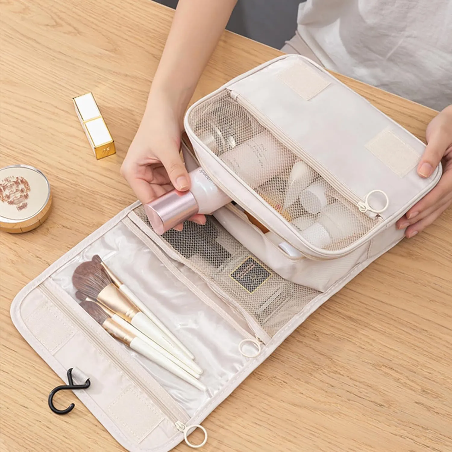 Hanging Toiletry Bag for Women, Travel Size Toiletries bags with Hook, Travel Makeup Bag for Cosmetic Storage Organizer Beige