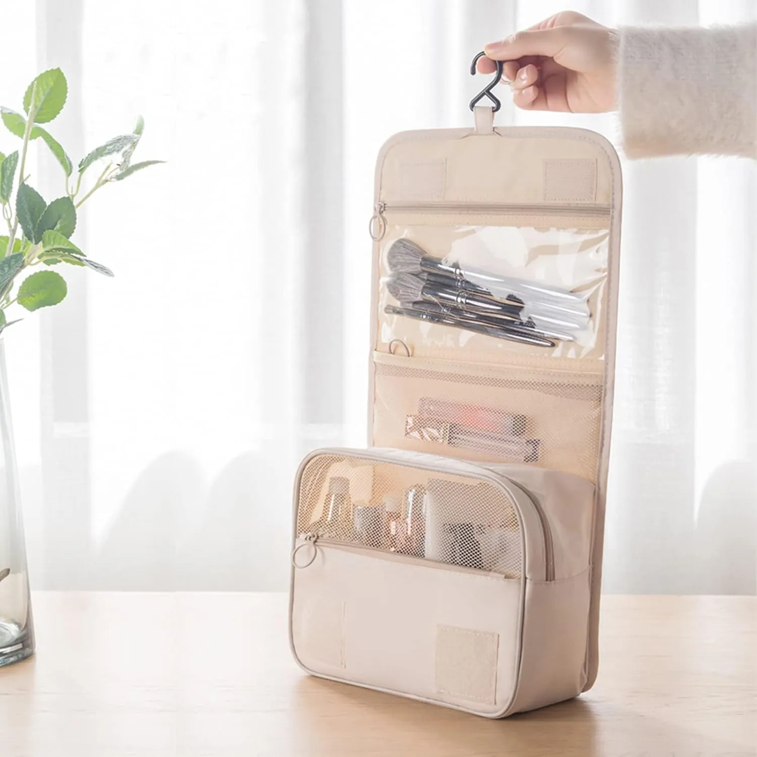 Hanging Toiletry Bag for Women, Travel Size Toiletries bags with Hook, Travel Makeup Bag for Cosmetic Storage Organizer Beige