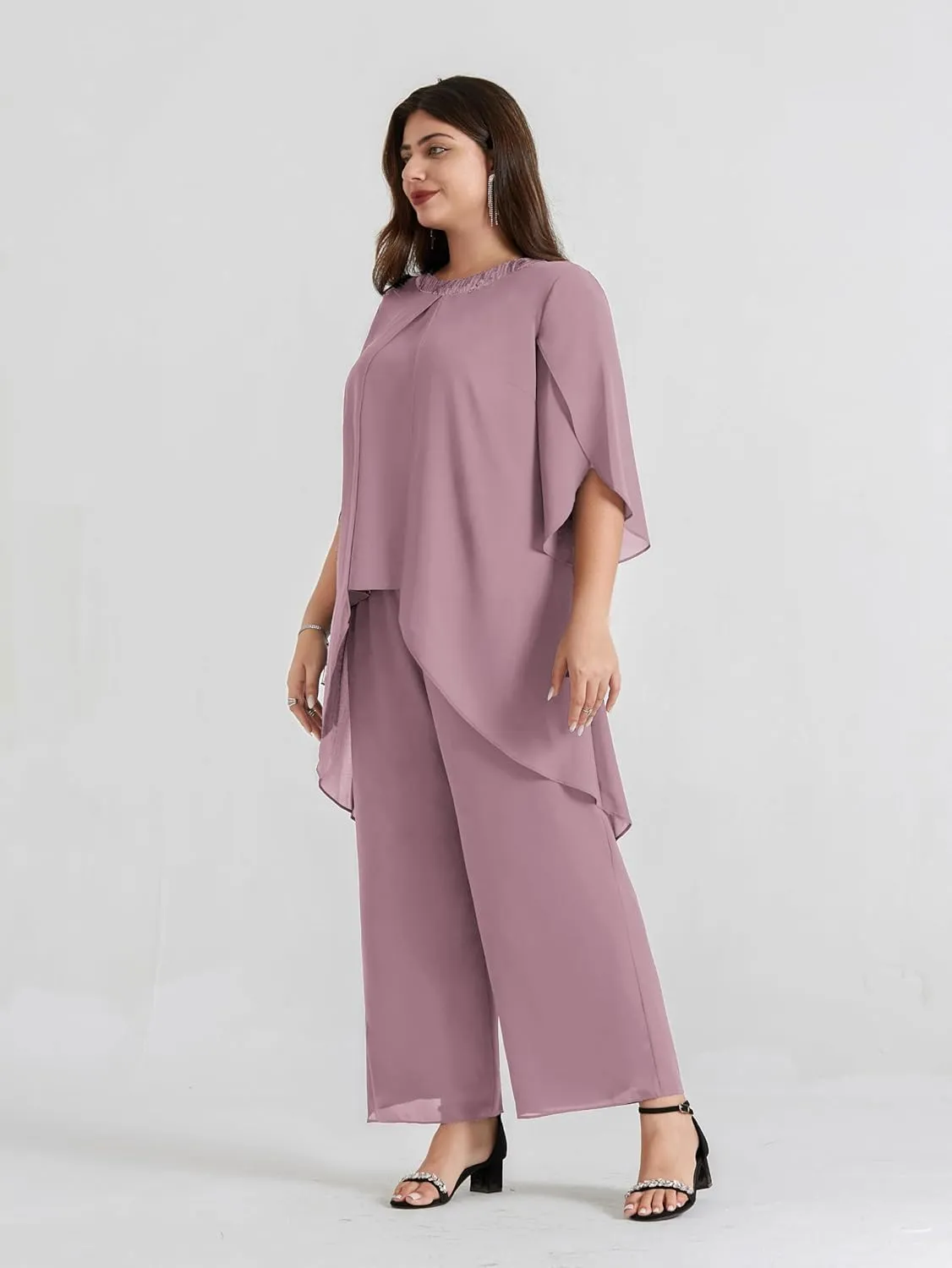 Hanna Nikole Plus Size Mother of The Bride Pant Suits 2 Piece Chiffon Sets Dressy Wedding Guest Outfit with High Low Hem