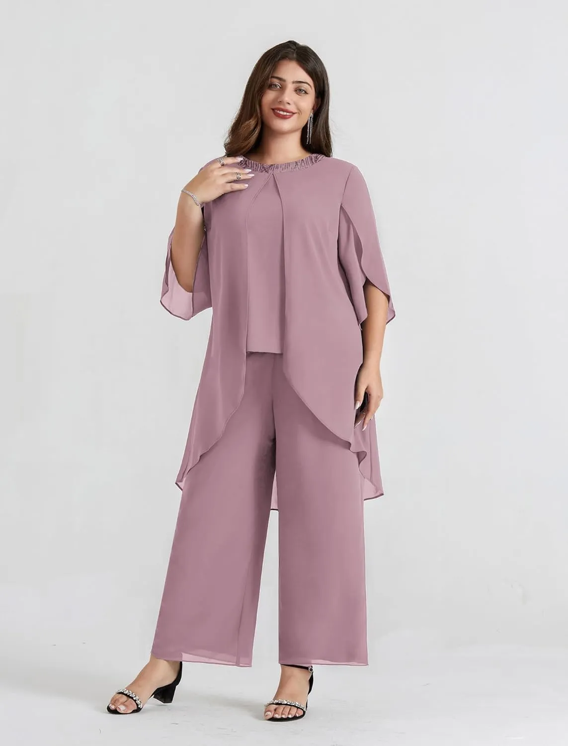 Hanna Nikole Plus Size Mother of The Bride Pant Suits 2 Piece Chiffon Sets Dressy Wedding Guest Outfit with High Low Hem