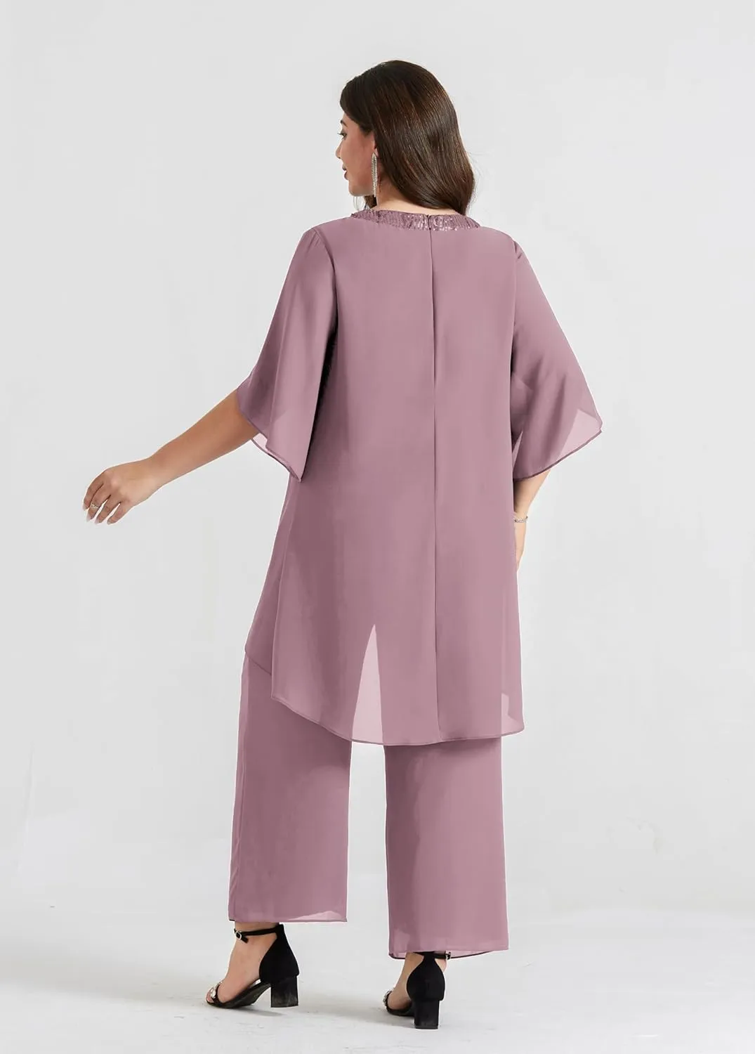 Hanna Nikole Plus Size Mother of The Bride Pant Suits 2 Piece Chiffon Sets Dressy Wedding Guest Outfit with High Low Hem