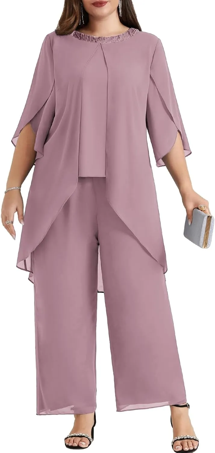 Hanna Nikole Plus Size Mother of The Bride Pant Suits 2 Piece Chiffon Sets Dressy Wedding Guest Outfit with High Low Hem