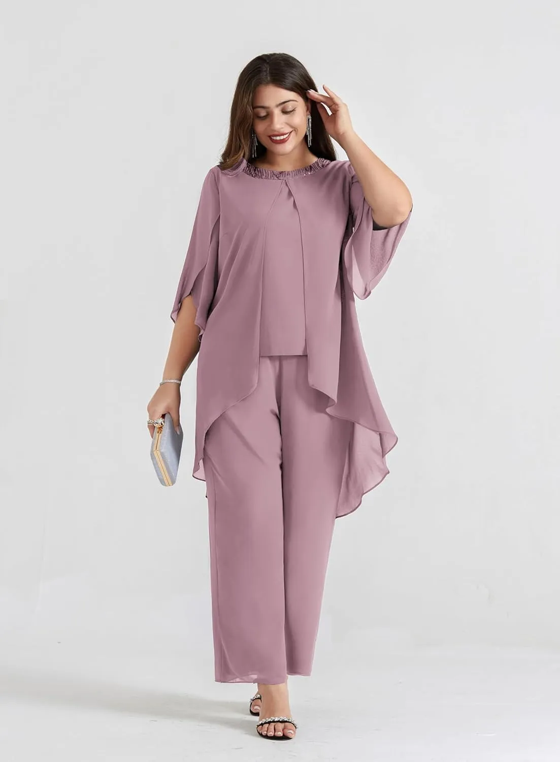 Hanna Nikole Plus Size Mother of The Bride Pant Suits 2 Piece Chiffon Sets Dressy Wedding Guest Outfit with High Low Hem