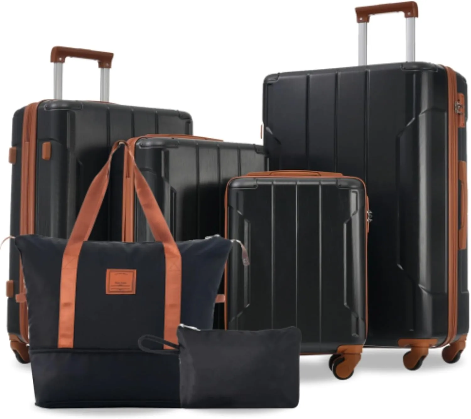 Hard Shell Luggage Set 6 Piece Set, Expandable Lightweight Luggage with Wheels, TSA Lock, Adjustable Handle, Suitable for Outdoor Travel, Black