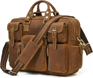HBJWOV Vintage Briefcase Men's Leather Tote Multi-pocket Travel Bag Top Leather Shoulder Bag Computer Bag