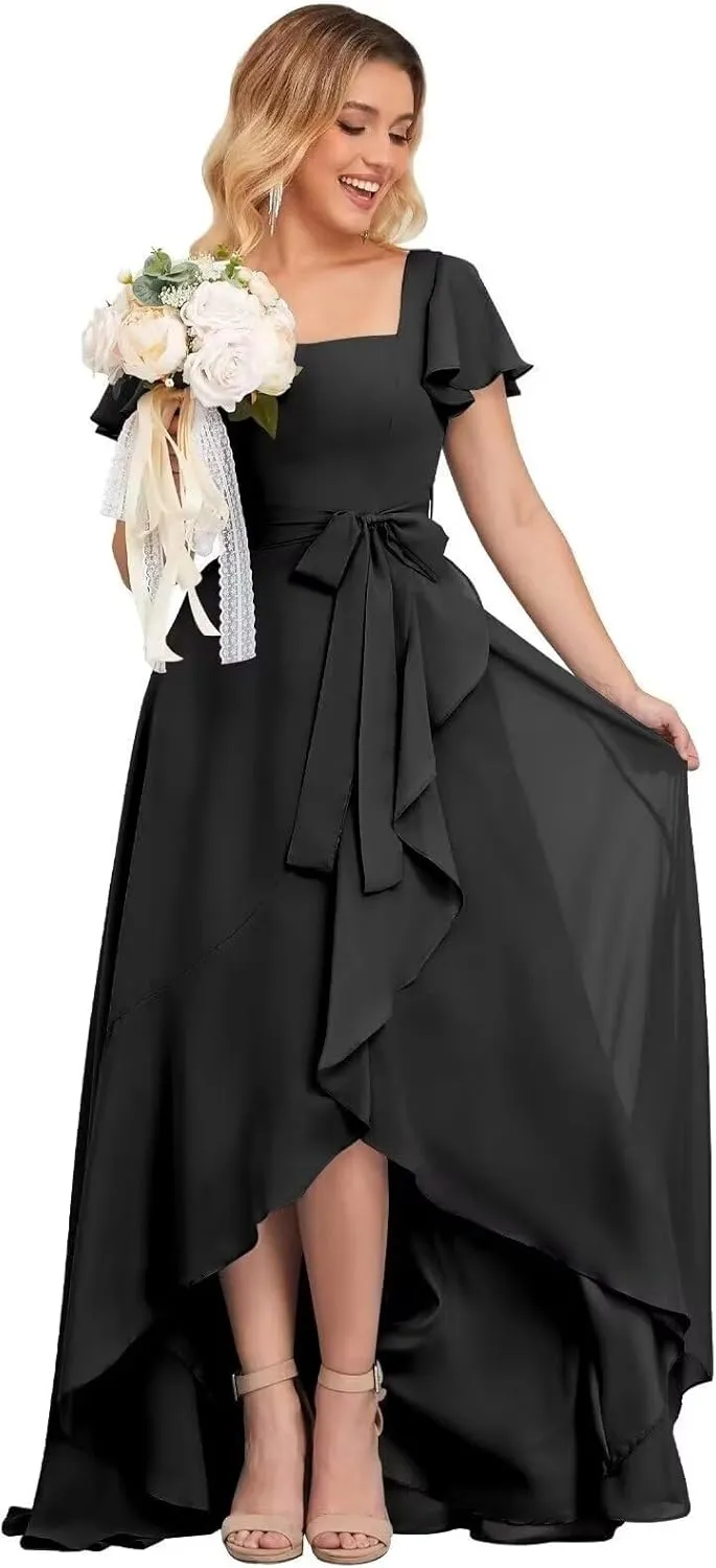 High Low Chiffon Bridesmaid Dresses for Women with Sleeves Square Neck Ruffle Long Formal Evening Gowns