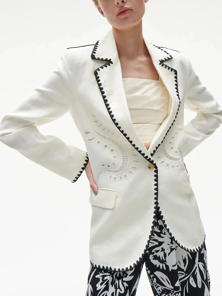 Hit Color Spliced Embroidery Loose Blazers For Women Lapel Long Sleeve Temperament Spliced Poctets Coats Female New