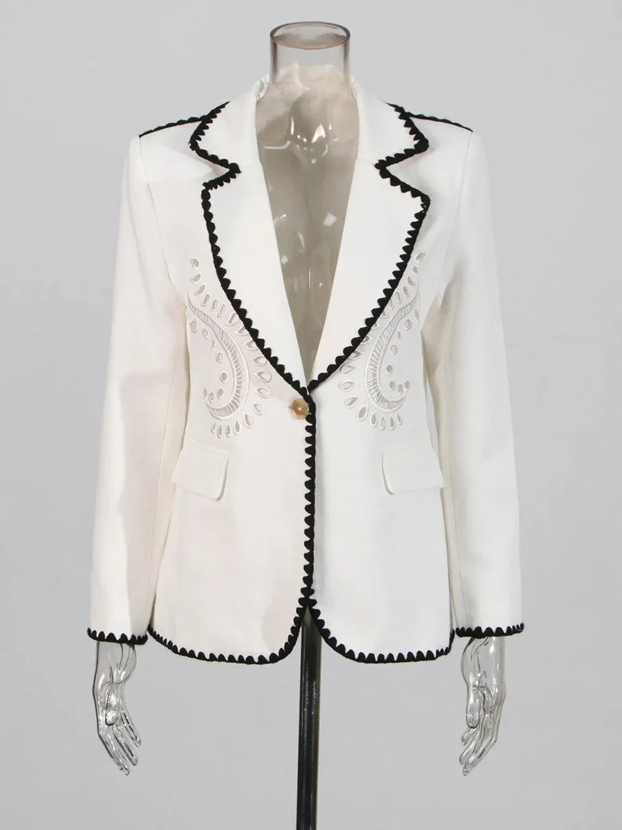 Hit Color Spliced Embroidery Loose Blazers For Women Lapel Long Sleeve Temperament Spliced Poctets Coats Female New