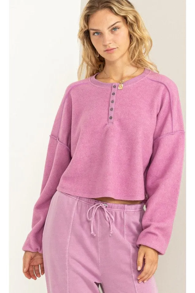 Hyfve Double Zero Mood Setter Cropped Henley Sweatshirt In Vintage Plum