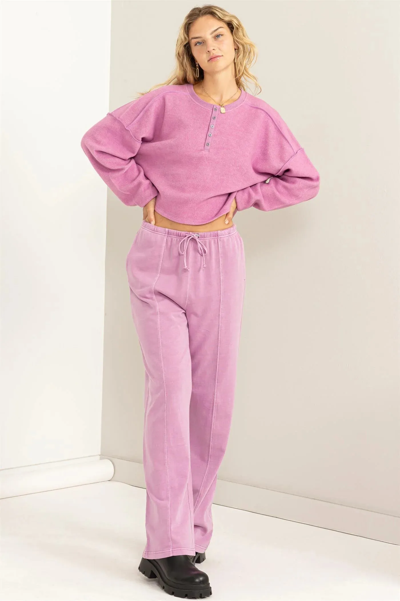 Hyfve Double Zero Mood Setter Cropped Henley Sweatshirt In Vintage Plum
