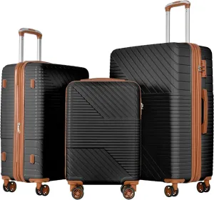 JCSD 3 Piece Hardshell Luggage Set with Double Spinner Wheels, Durable ABS Matte Texture, Lightweight Travel Suitcases in Black Brown