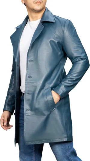 Jild Leather Trench Coat Men - 3/4 Length Casual Car Coat Style Lambskin Long Leather Jacket Men