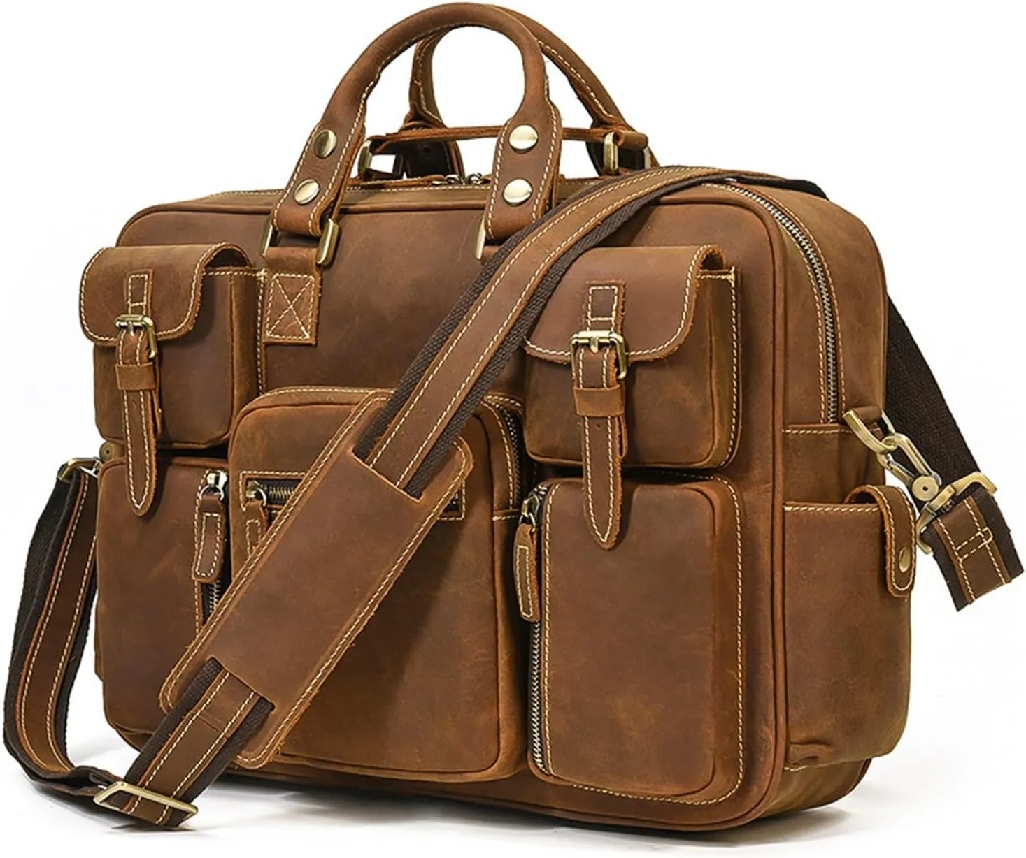 JSEIAJB Vintage Briefcase Men's Leather Tote Multi-pocket Travel Bag Top Leather Shoulder Bag Computer Bag