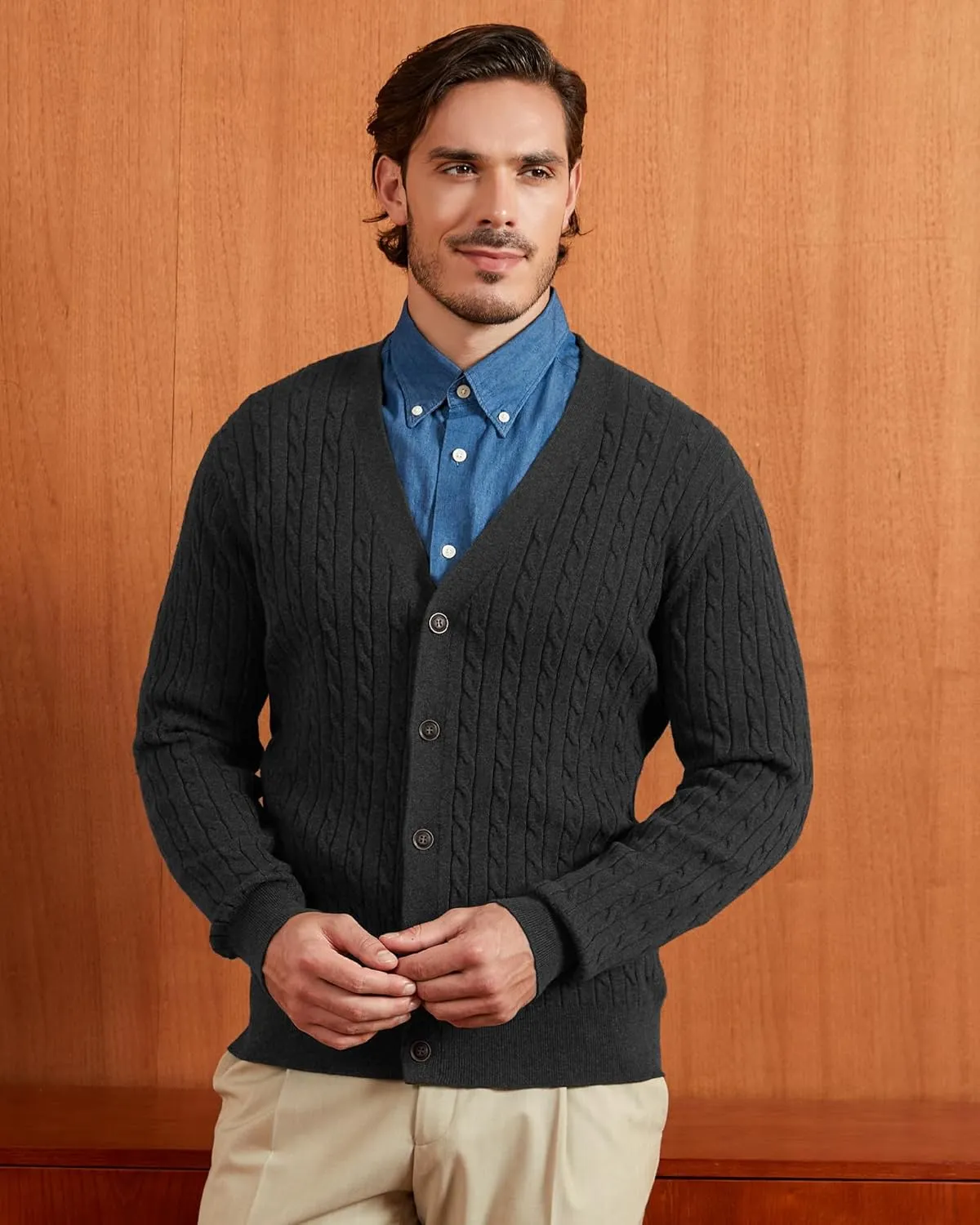 Kallspin Men's Pure Cotton Cable Knit Cardigan V-Neck Sweater Classic Casual Knitwear with Buttons