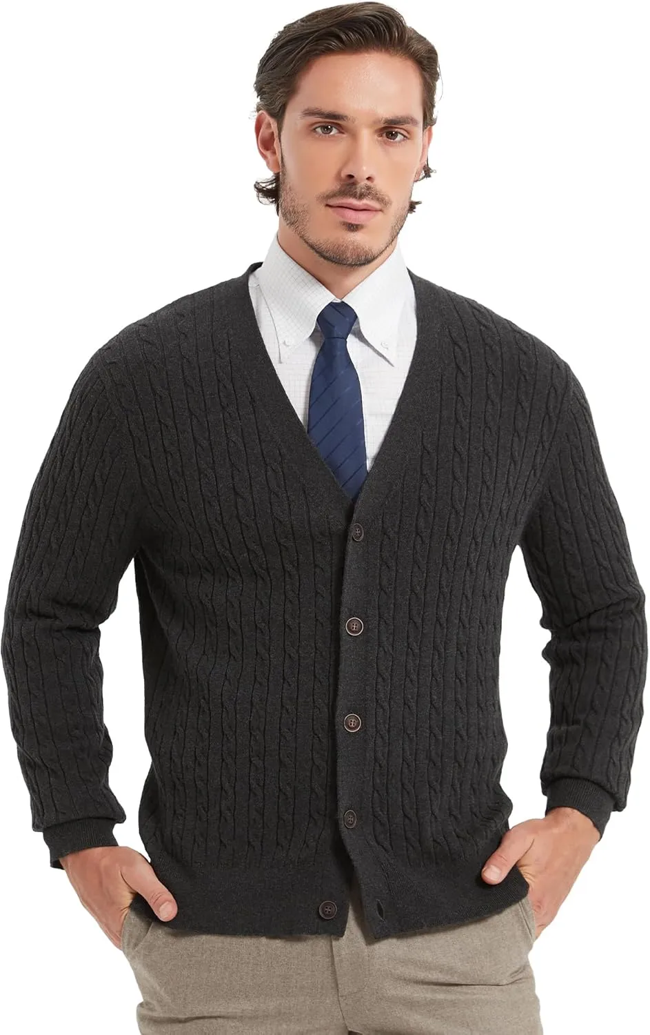 Kallspin Men's Pure Cotton Cable Knit Cardigan V-Neck Sweater Classic Casual Knitwear with Buttons