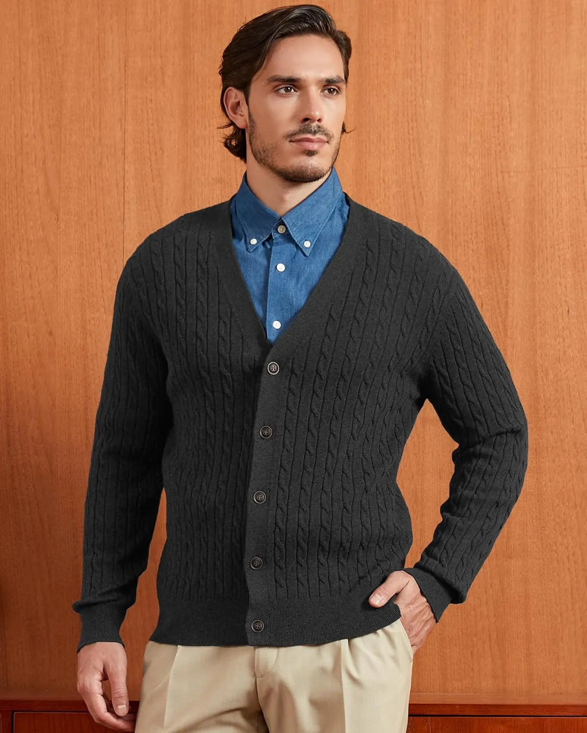 Kallspin Men's Pure Cotton Cable Knit Cardigan V-Neck Sweater Classic Casual Knitwear with Buttons