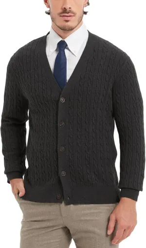 Kallspin Men's Pure Cotton Cable Knit Cardigan V-Neck Sweater Classic Casual Knitwear with Buttons