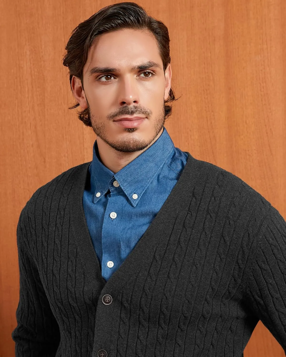 Kallspin Men's Pure Cotton Cable Knit Cardigan V-Neck Sweater Classic Casual Knitwear with Buttons