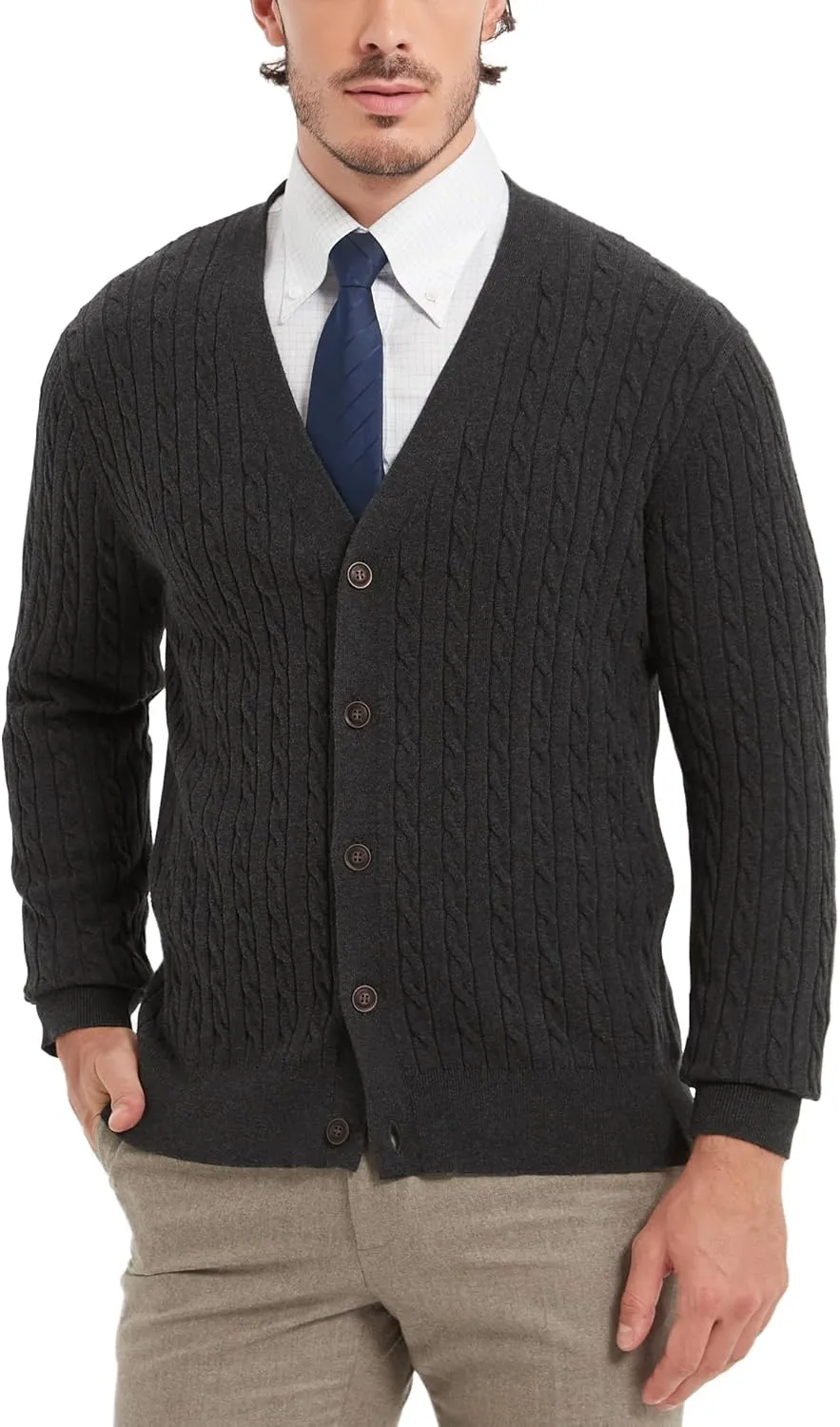Kallspin Men's Pure Cotton Cable Knit Cardigan V-Neck Sweater Classic Casual Knitwear with Buttons