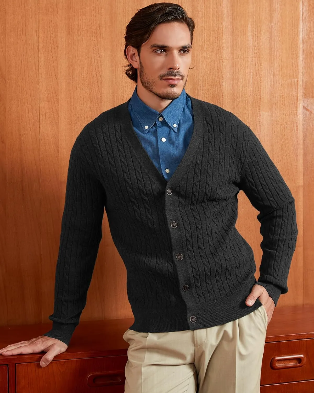Kallspin Men's Pure Cotton Cable Knit Cardigan V-Neck Sweater Classic Casual Knitwear with Buttons