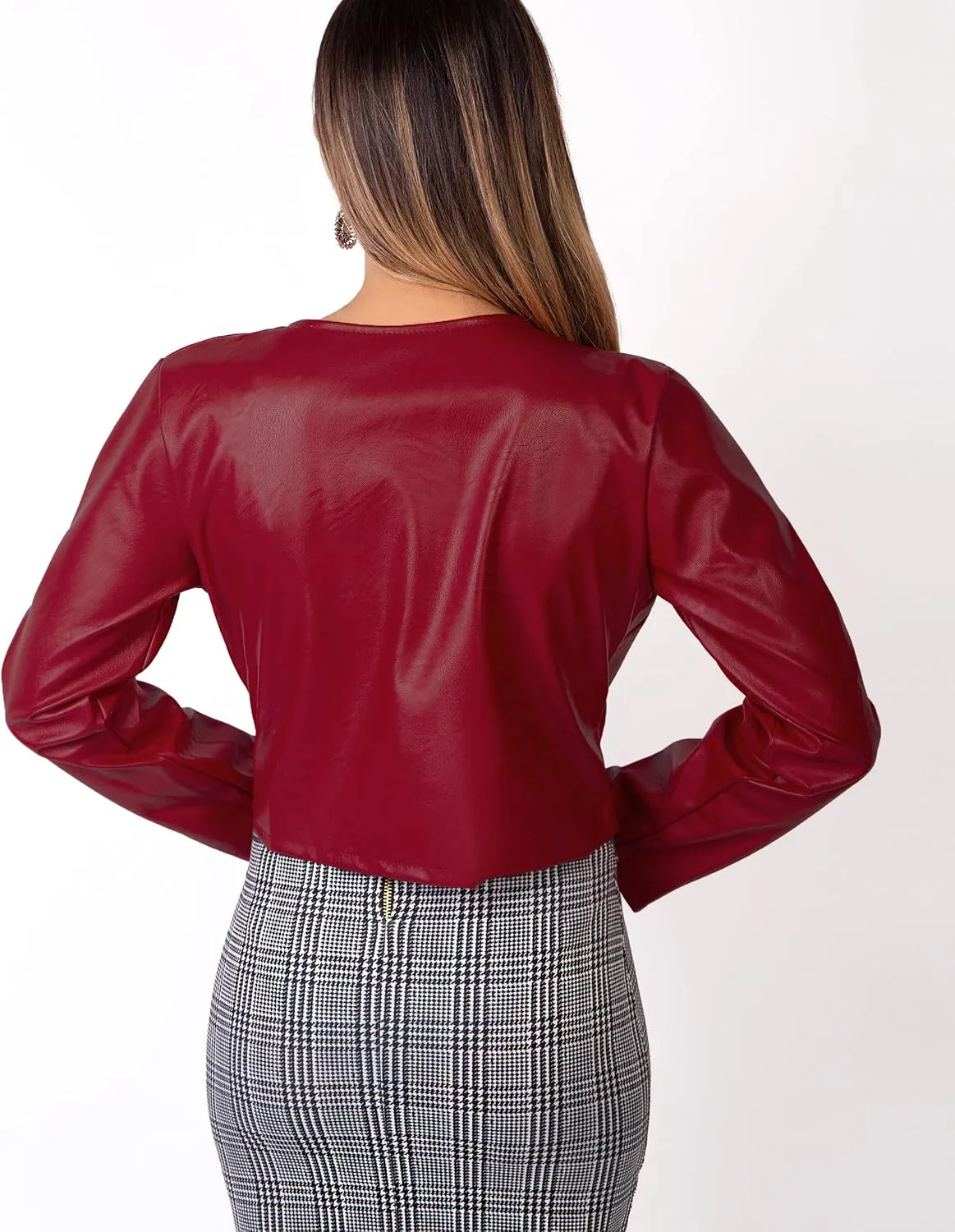 KRISP Women Faux Leather Cropped Jacket Long Sleeve Ladies PU Bolero Blazer