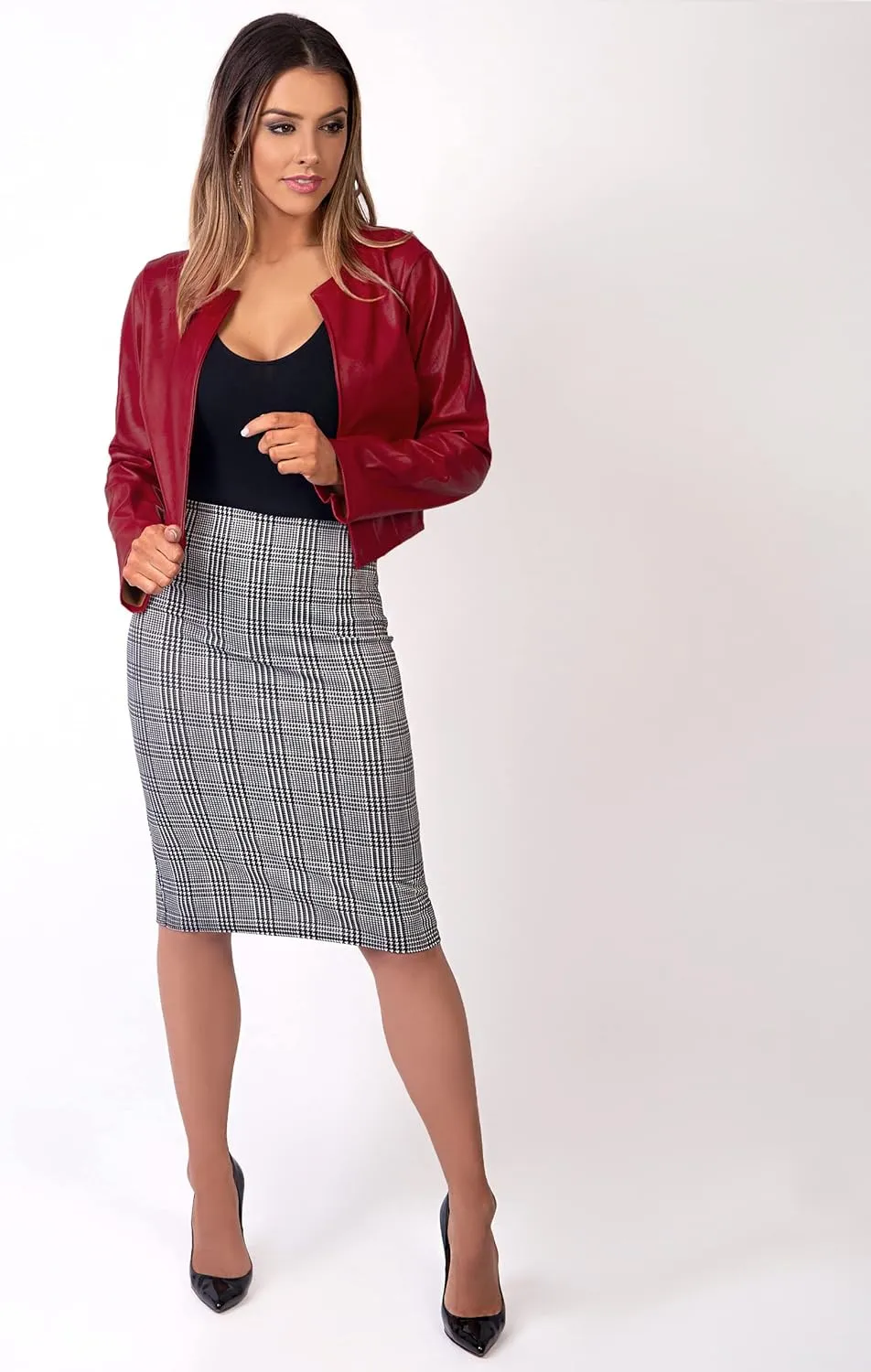 KRISP Women Faux Leather Cropped Jacket Long Sleeve Ladies PU Bolero Blazer