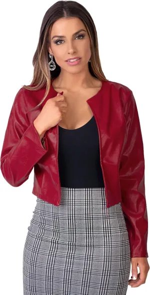 KRISP Women Faux Leather Cropped Jacket Long Sleeve Ladies PU Bolero Blazer