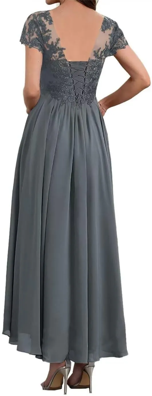 Lace Applique Mother of The Bride Dress for Wedding Short Sleeves Tea Length Chiffon Formal Evening Gown for Women LA70