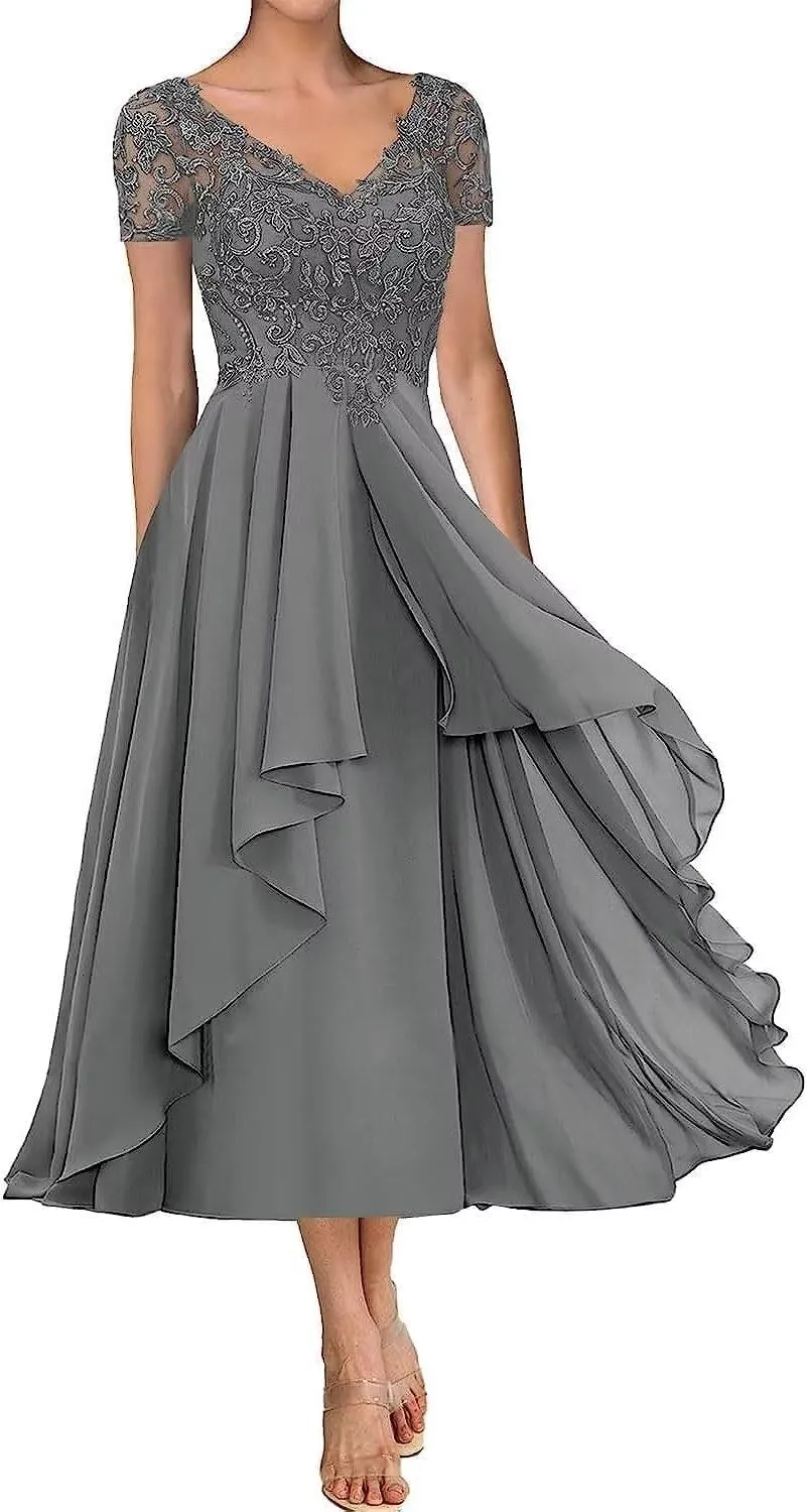 Lace Applique Mother of The Bride Dress for Wedding Short Sleeves Tea Length Chiffon Formal Evening Gown for Women LA70