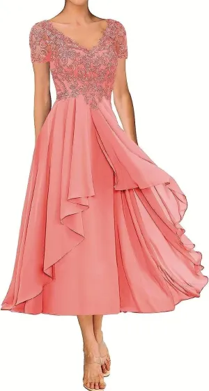 Lace Applique Mother of The Bride Dress for Wedding Short Sleeves Tea Length Chiffon Formal Evening Gown for Women LA70