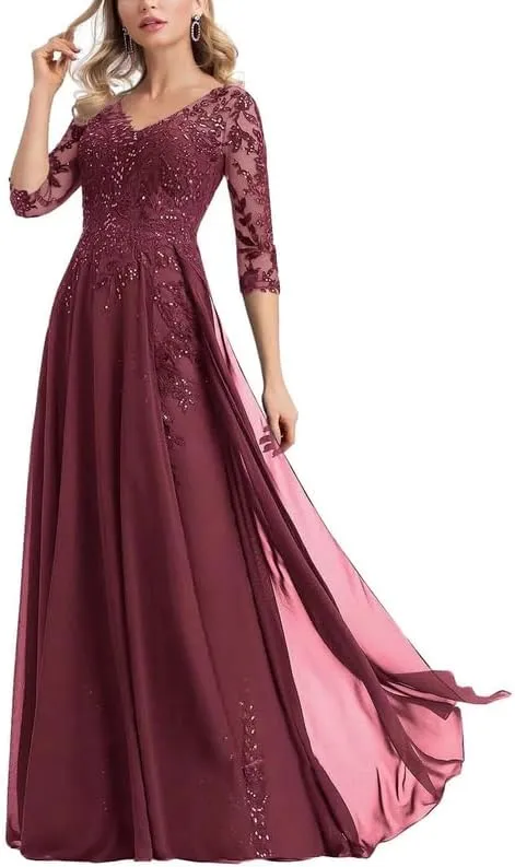 Lace Applique Mother of The Bride Dresses for Wedding Chiffon Long 3/4 Sleeves Formal Evening Gowns Plus Size