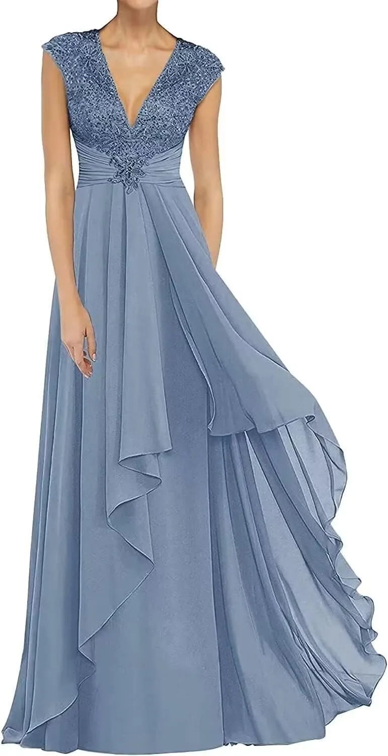 Lace Appliques Mother of The Bride Dresses for Wedding V Neck Formal Dresses for Women Evening Party