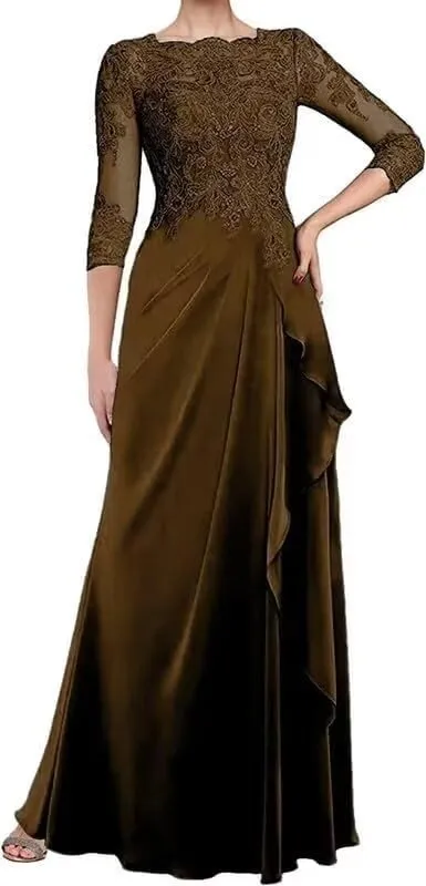 Lace Mother of The Bride Dresses for Wedding Ruched Chiffon Formal Dress with Sleeve