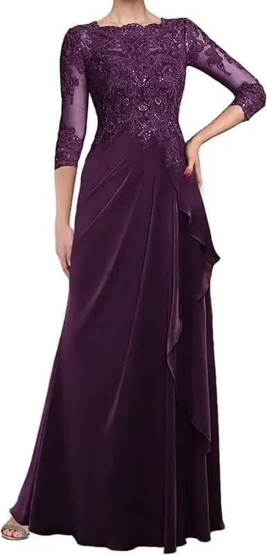 Lace Mother of The Bride Dresses for Wedding Ruched Chiffon Formal Dress with Sleeve