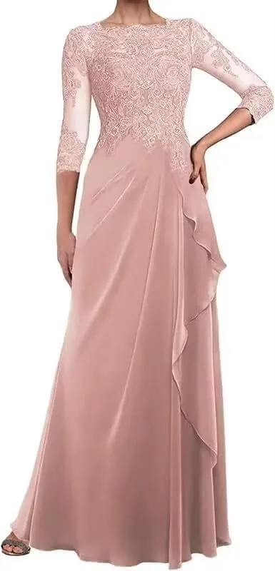 Lace Mother of The Bride Dresses for Wedding Ruched Chiffon Formal Dress with Sleeve