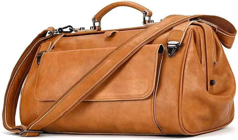 Leather Briefcase for Men Single Shoulder Duffel Short Trip Travel Bag Men's and Women's Business Handbag Crossbody Bag