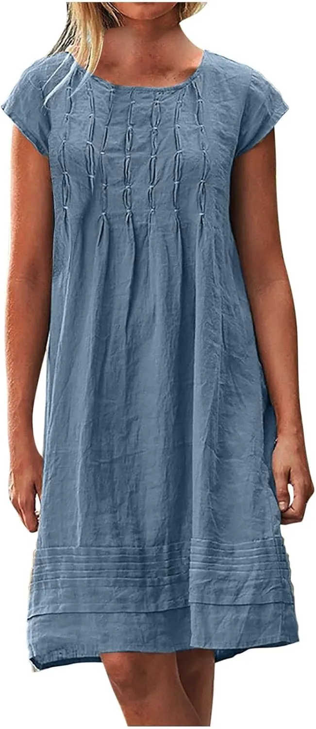 Linen Dress for Women Summer Loose Crewneck Solid Color Sundress Casual Short Sleeve Vacation Beach Pleated Dresses