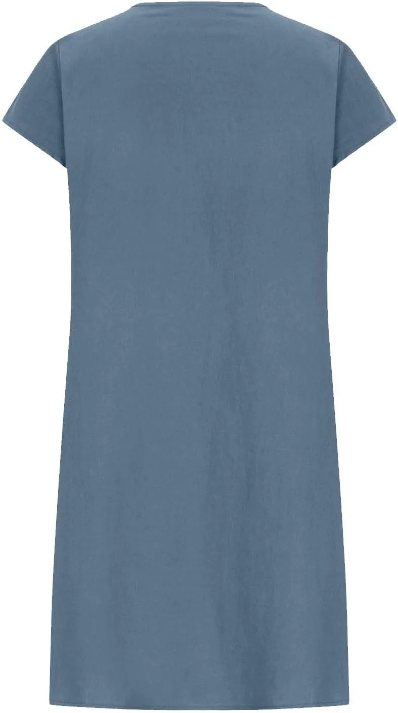 Linen Dress for Women Summer Loose Crewneck Solid Color Sundress Casual Short Sleeve Vacation Beach Pleated Dresses