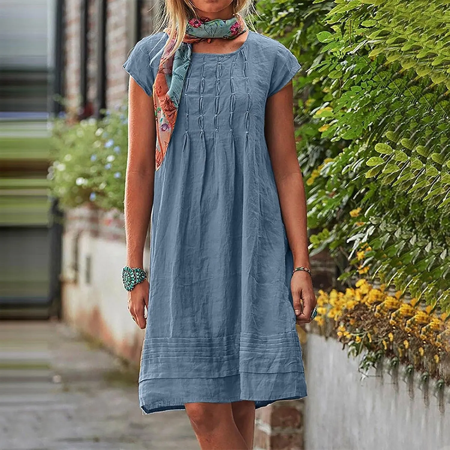 Linen Dress for Women Summer Loose Crewneck Solid Color Sundress Casual Short Sleeve Vacation Beach Pleated Dresses
