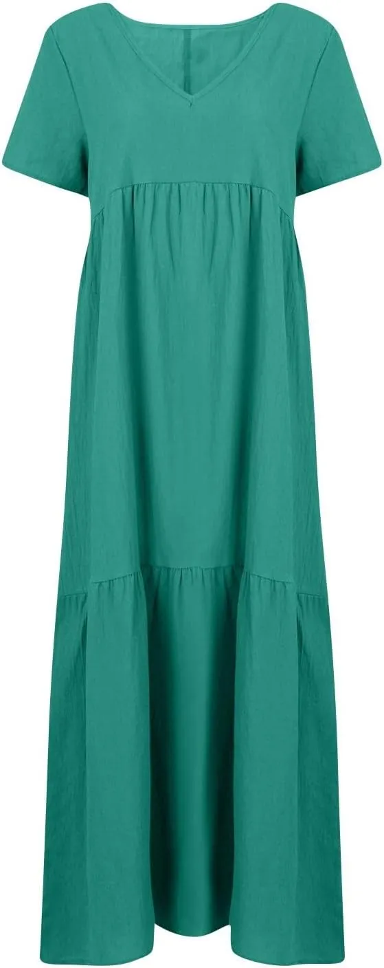 Linen Dresses for Women 2025 Trendy Summer Plus Size Maxi Dress Casual Loose V Neck Boho Flowy Beach Vacation Outfits