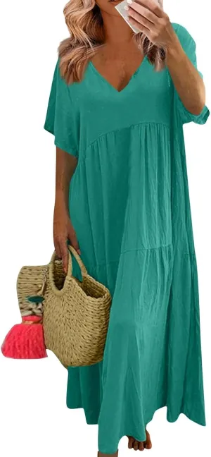 Linen Dresses for Women 2025 Trendy Summer Plus Size Maxi Dress Casual Loose V Neck Boho Flowy Beach Vacation Outfits