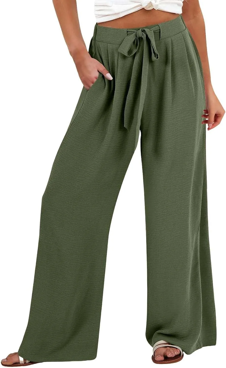 Linen Pants for Women 2025 Summer High Waisted Wide Leg Palazzo Pants Casual Loose Flowy Beach Trousers with Pockets