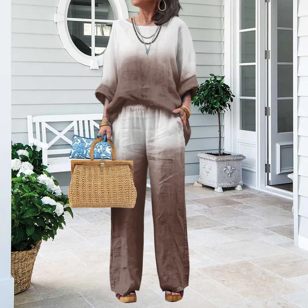 Linen Set for Women Casual Long Sleeve Gradient Color Loose Pant Plus Size Pants Sets Women 2 Piece Outfits