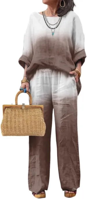 Linen Set for Women Casual Long Sleeve Gradient Color Loose Pant Plus Size Pants Sets Women 2 Piece Outfits