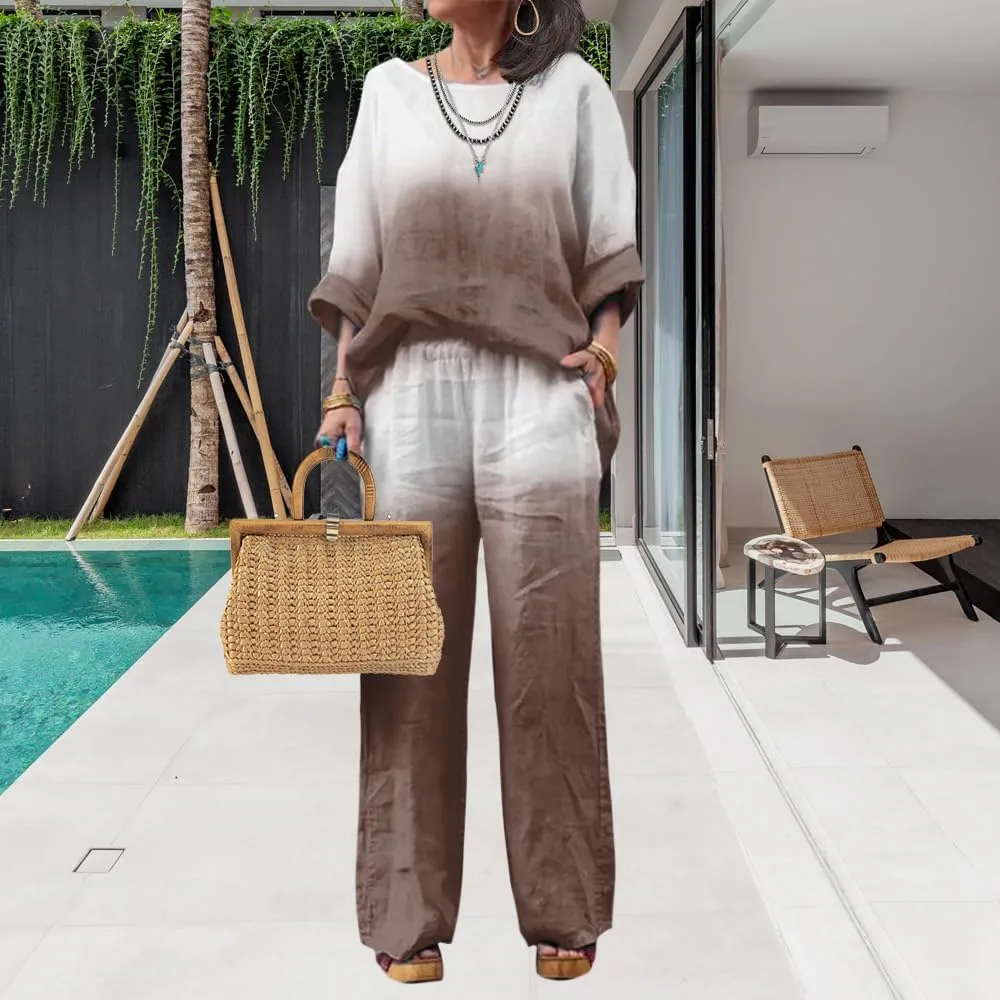 Linen Set for Women Casual Long Sleeve Gradient Color Loose Pant Plus Size Pants Sets Women 2 Piece Outfits