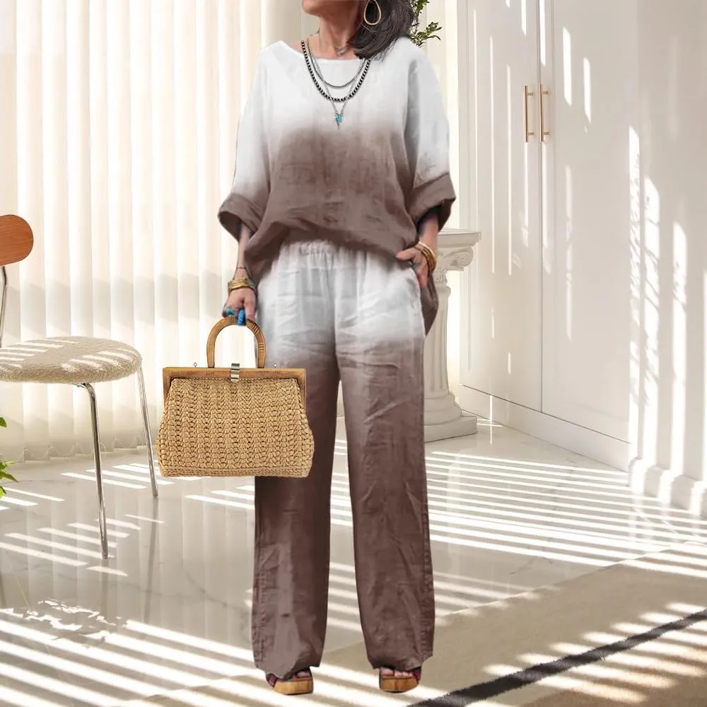 Linen Set for Women Casual Long Sleeve Gradient Color Loose Pant Plus Size Pants Sets Women 2 Piece Outfits