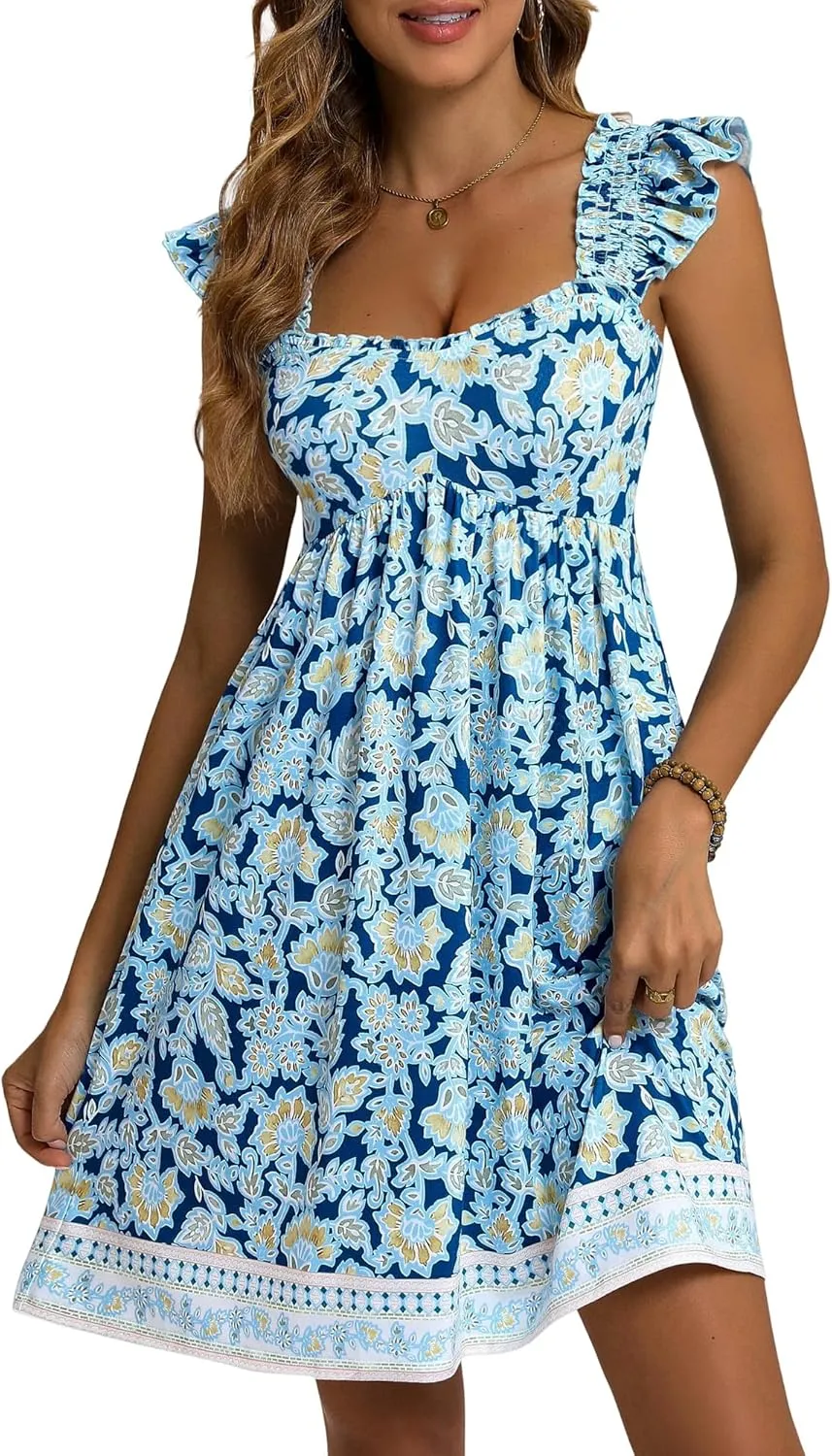 LOLOCCI Bohemian Sweetheart Neck Ruffle Sleeve Midi Smocked Sundress Teens Flowy Patchwork Floral Milkmaid Dress with Pockets